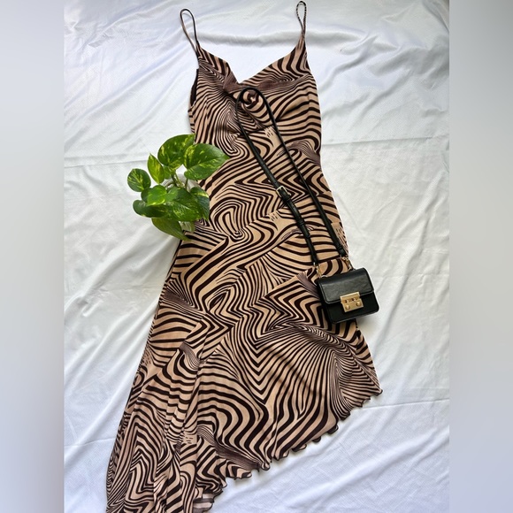 Y2K spaghetti strap Tan and brown dress with long side tail from ms J size M - Picture 1 of 9